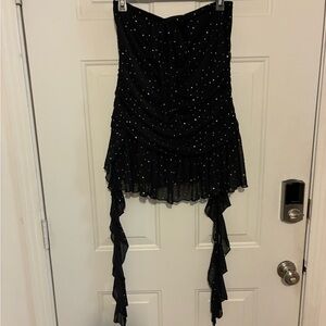 SHEIN Black Strapless Rhinestone Mini Dress with Draped Ties